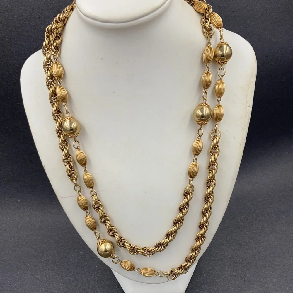 Flirty Long Vintage Gold Bead and Chain Necklace